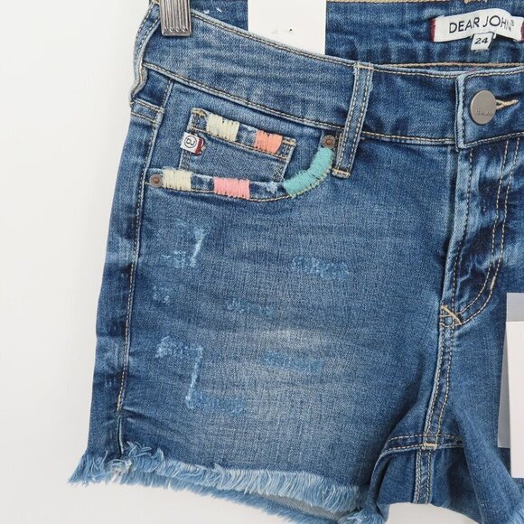 Dear John Women 24 Bloomfield Embroidered Distressed Hem Denim Jean Shorts NEW - Picture 2 of 11